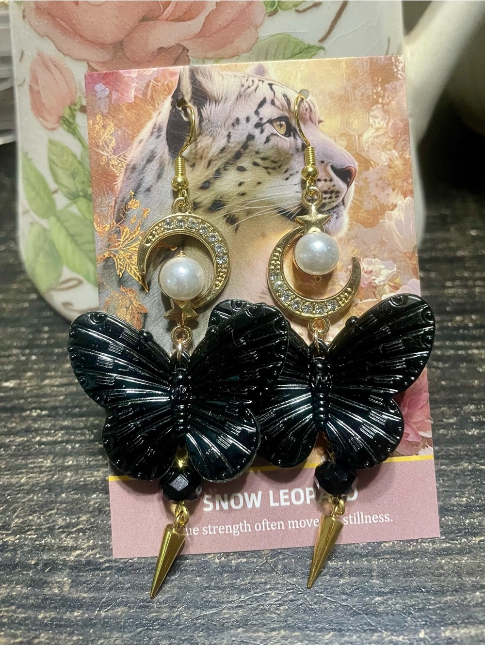 Artisan Crafted Gold and Black Butterfly Crescent Earrings with Pearl